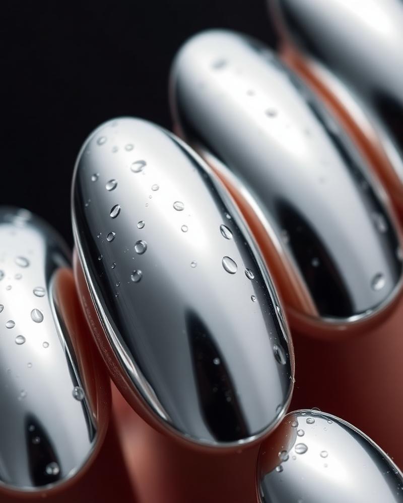 Chrome mirror almond nails with water droplets
