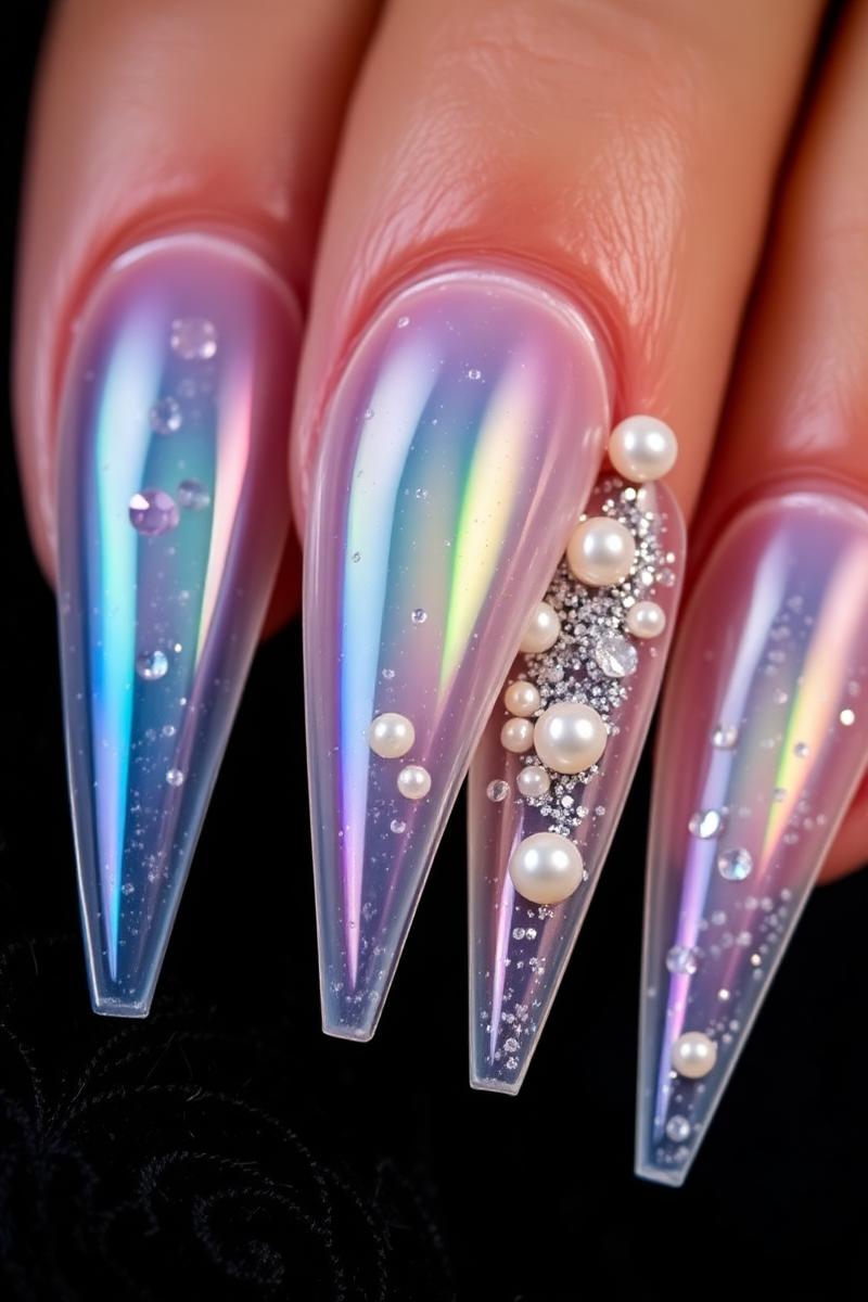 Iridescent jelly stiletto nails with pearl embellishments