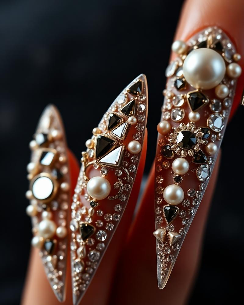 Ornate stiletto nails with crystal and pearl 3D embellishments